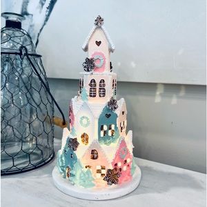 Rae Dune Holiday Pastel Light-Up Village Tower - White Pink Blue